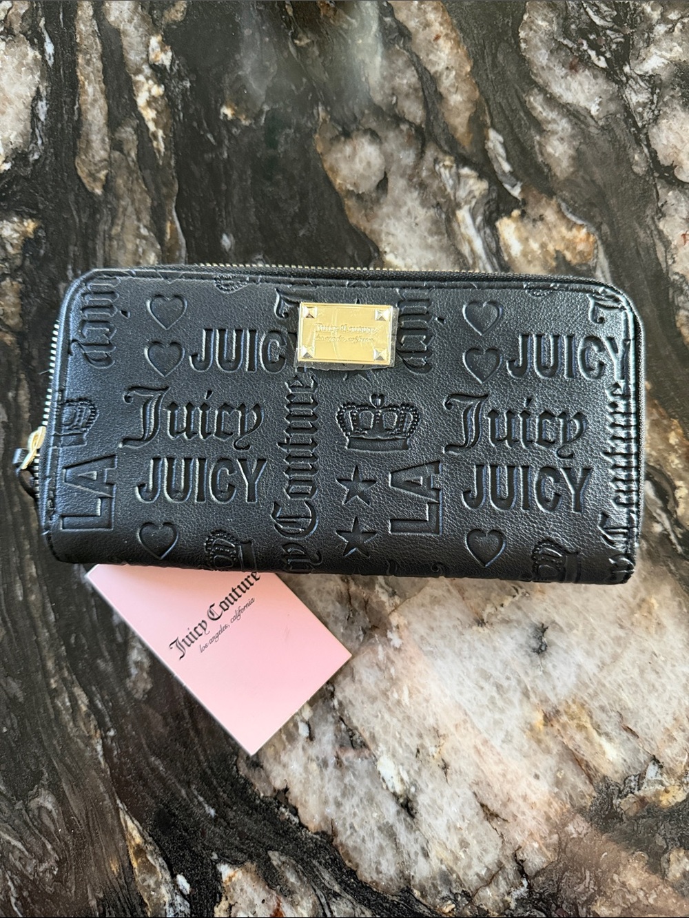 Juicy Couture Black Embossed Logo Zip-Around Wallet with Gold Plaque
